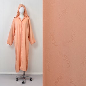 1970s/1980s Yves Saint Laurent Hooded Melon Peach Logo Loungewear Maxi Dress Robe