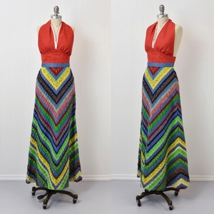 1970s Chambray Chevron Patchwork Lee Jordan Maxi Skirt