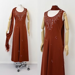 1970s Rust Rhinestone Ostrich Feather Beaded Disco Party Maxi Dress Gown