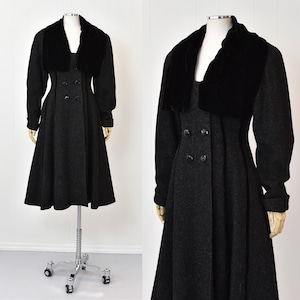 1950s Princess Coat Lilli Ann Style Jacket Black Gray Wool Velvet