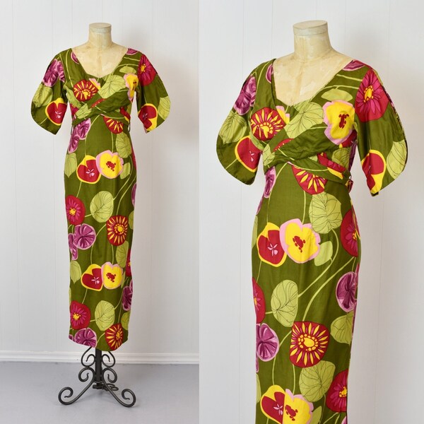 1960s Paradise Hawaii Floral Hawaiian Print Green Tiki Gown Maxi Dress