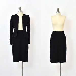 1980s Adolfo Black Solid Soutache Wool Two Piece Jacket & Skirt Suit Set