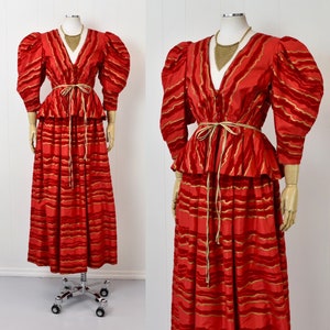 RARE 1980s Pauline Trigere Red Velvet Taffeta Gold Metallic Renaissance Baroque Style Puff Sleeve Blouse Maxi Skirt Two Piece Set