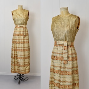 1960s Gold Metallic Brocade Party Gown Maxi Dress