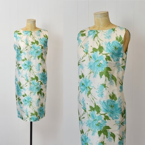 1950s/1960s Blue Rose Floral Print Cocktail Party Dress Volup Plus Size