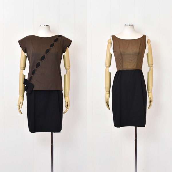 1960s Brown Black Bow Color Block Dress & Blouse Roberta Two Piece Set