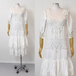 1980s does 1920s White Tatted Lace Embroidered Flapper Style Drop Waist Bridal Wedding Lawn Dress