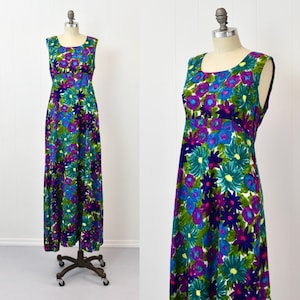 1960s Floral Purple Blue Dael&#39;s Casual Hawaiian Tiki Maxi Dress Gown