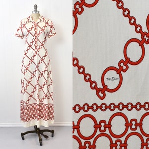 1970s Mr. Dino Red White Chain Novelty Print Maxi Dress Gown