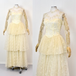 1950s Tulle Lace Sequin Wedding Bridal Cupcake Dress Gown Ivory Off White
