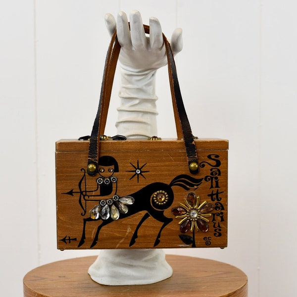 1960s Enid Collins of Texas Sagittarius Zodiac Astrology Archer Rhinestone Jeweled Painted Wood Box Purse Handbag