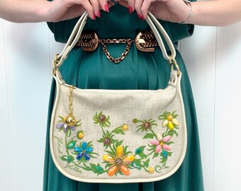 1960s Enid Collins Floral Glitter Rhinestone Flower Garden Canvas Leather Purse Handbag