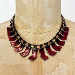 1950s Matisse Copper Red Enamel Geometric Mid Century Statement Necklace Jewelry Signed