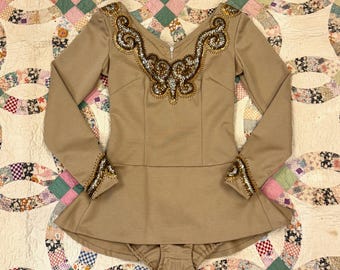 1960s Sequin Beaded Showgirl Ice Skater Brown Skirted One Piece Bodysuit Costume