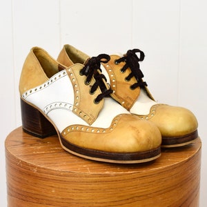 1970s Groovy Platform Leather Wood Mustard Oxford Disco Heels Shoes