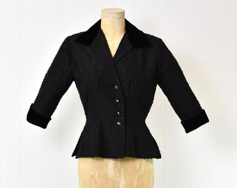 1950s R&K Originals Black Taffeta Velvet Blouse Jacket with Rhinestone Buttons