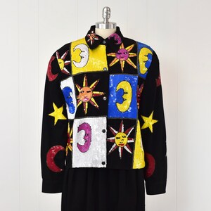 1980s/1990s Modi Denim Sequin Bead Celestial Sun Moon Stars Patchwork Black Denim Jean Jacket