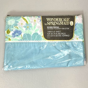 NOS 1960s/1970s Blue Floral Print Wondercale by Springmaid Twin Flat Bed Sheet