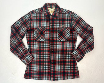 1950s/1960s Picasso Japan Red Blue Plaid Wool Button Down Flannel Long Sleeve Shirt