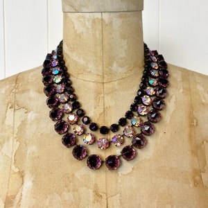 1980s/1990s Jean Louis Blin Paris Purple Pink Rhinestone Crystal Multi Strand Statement Necklace Jewelry