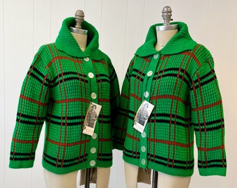 NOS 1960s/1970s Green Plaid Marileena Acrylic Button Up Cardigan Sweater