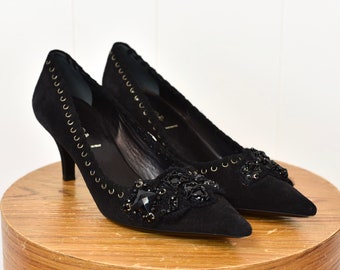 1990s/Early 2000s Prada Black Suede Beaded Pointed Kitten Heels in Original Box Size 38.5