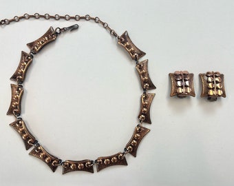 1950s Matisse Copper Atomic Mid Century Statement Necklace Clip On Earrings Jewelry Set Signed