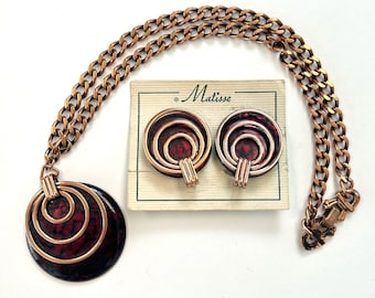 1950s Matisse Copper Red Enamel Mid Century Statement Necklace Clip On Earrings Jewelry Set
