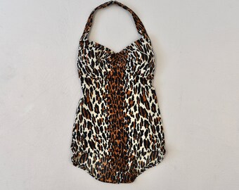 1970s Vanity Fair Leopard Animal Print Nylon Boudoir Lingerie One Piece Bodysuit