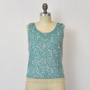 1960s Blue Beaded Sequin Fringe Blouse