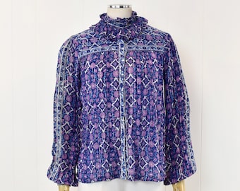 1970s Indian Cotton Floral Purple Blue Metallic Silver Striped Sheer Shakti Boho Blouse Top Shirt