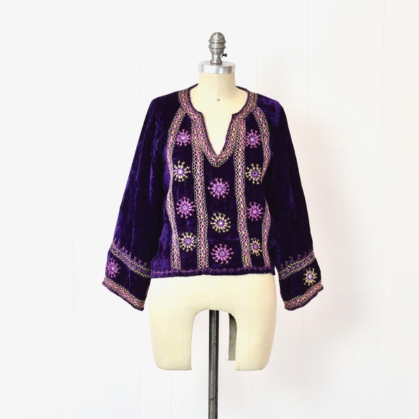 1960s Royal Purple Velvet Embroidered Hippie Woodstock Blouse Shirt with Mirrors