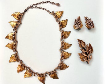 1950s Matisse Copper Enamel Leaf Novelty Mid Century Statement Necklace Earrings Brooch Pin Jewelry Set Signed