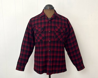 1960s Pendleton Red Black Plaid Print Wool Flannel Long Sleeve Button Down Shirt