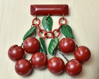 1940s Bakelite Cherries Cluster Novelty Bar Brooch Pin Jewelry Tested