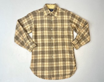 1960s/1970s Pendleton Plaid Brown Beige Wool Long Sleeve Flannel Shirt
