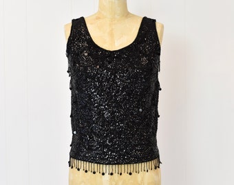 1960s Black Beaded Sequin Fringe Blouse