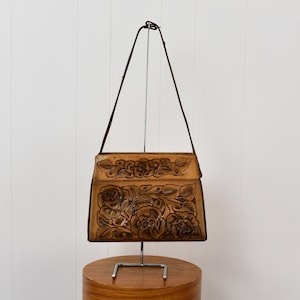 1960s Tooled Leather Rose Floral Mexico Western Brown Purse Handbag