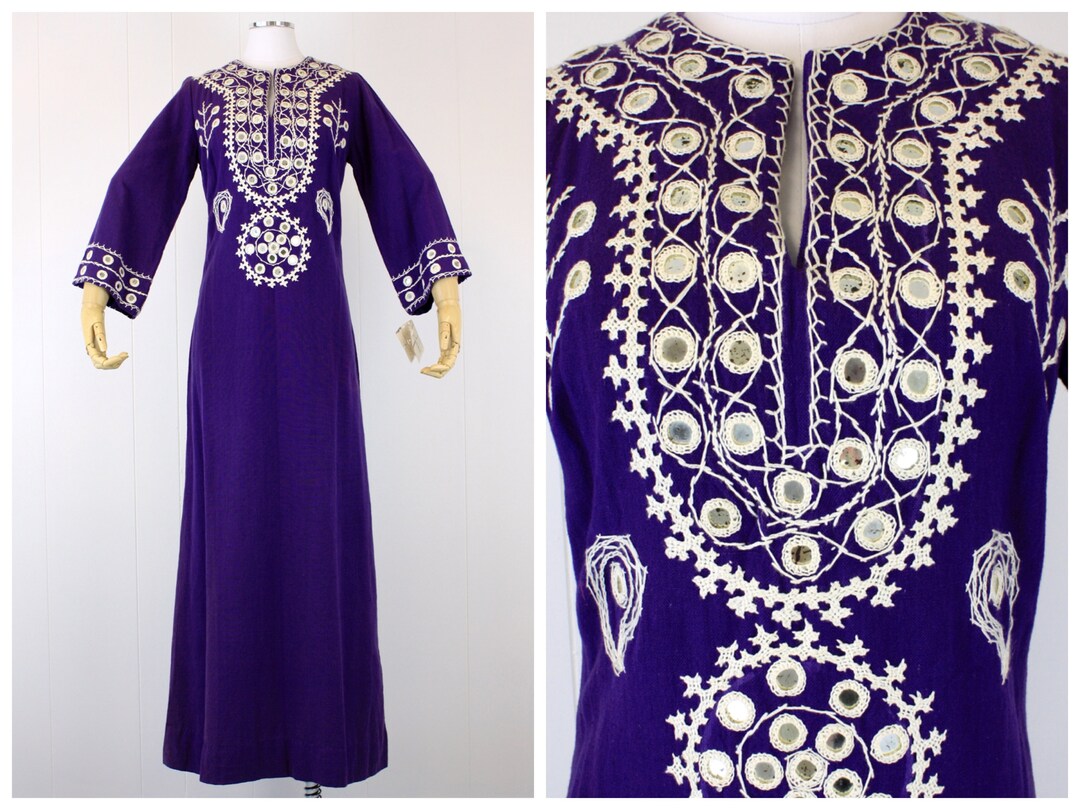 NOS 1970s Ramona Rull Purple Embroidered Mirrors Ethnic Boho Hippie ...