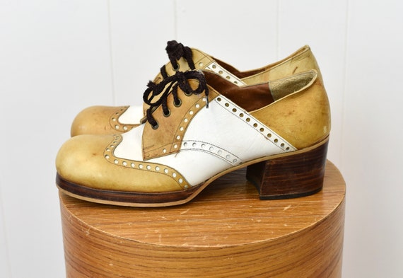 1970s Groovy Platform Leather Wood Mustard Oxford… - image 6