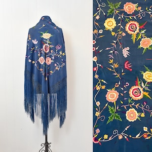 Vintage Blue Pink Colorful Floral Embroidered Fringe Antique Piano Shawl Flapper Art Deco