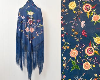 Vintage Blue Pink Colorful Floral Embroidered Fringe Antique Piano Shawl Flapper Art Deco