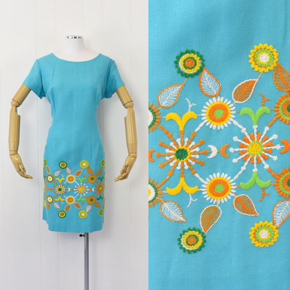 1960's Blue Floral Wiggle Dress