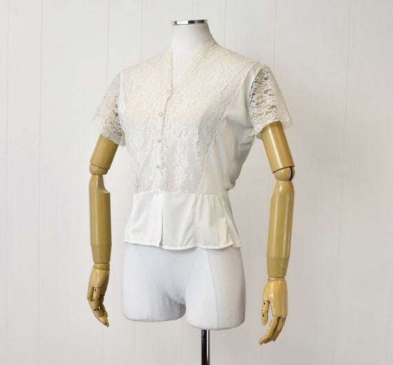 1950s White Floral Lace Nylon Blouse - image 5