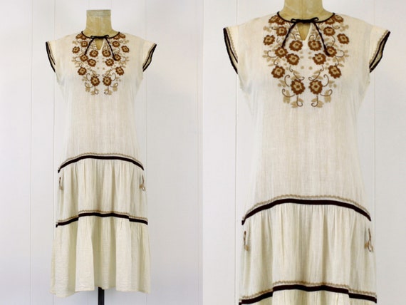 1970s Embroidered Cotton Gauze Peasant Dress