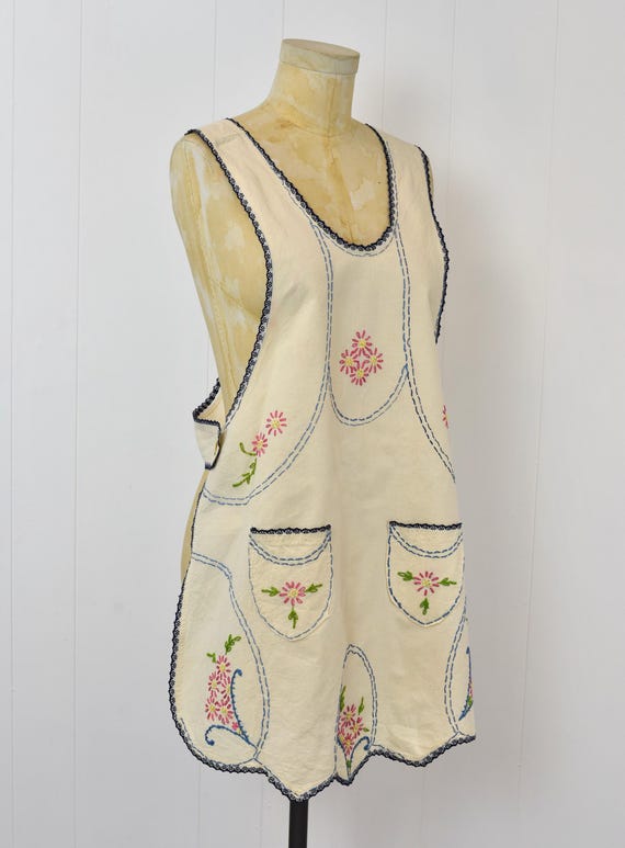 Antique Floral Embroidery Linen Apron Dress - image 11
