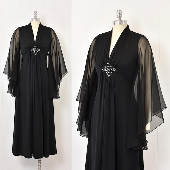 1970s Black Rhinestone Chiffon Angel Wing Sleeve Disco Party Maxi Dress Gown