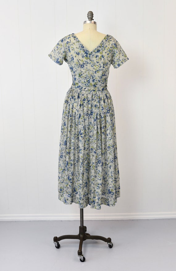 1950s Sheer Blue Floral Gingham Day Dress - image 6