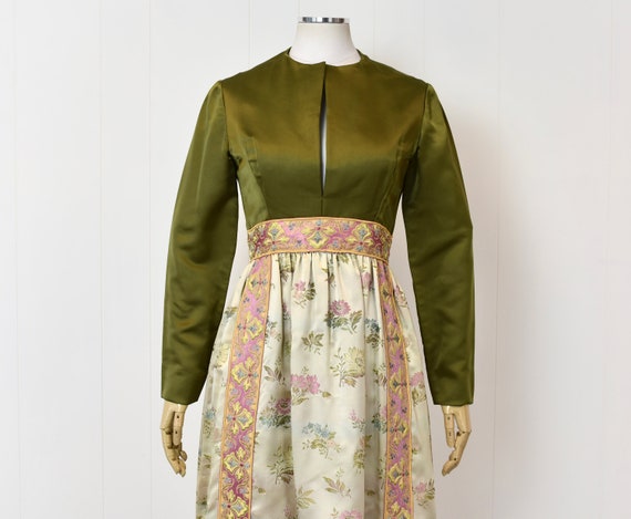 1960s Green Pink Floral Brocade Party Dress - image 2