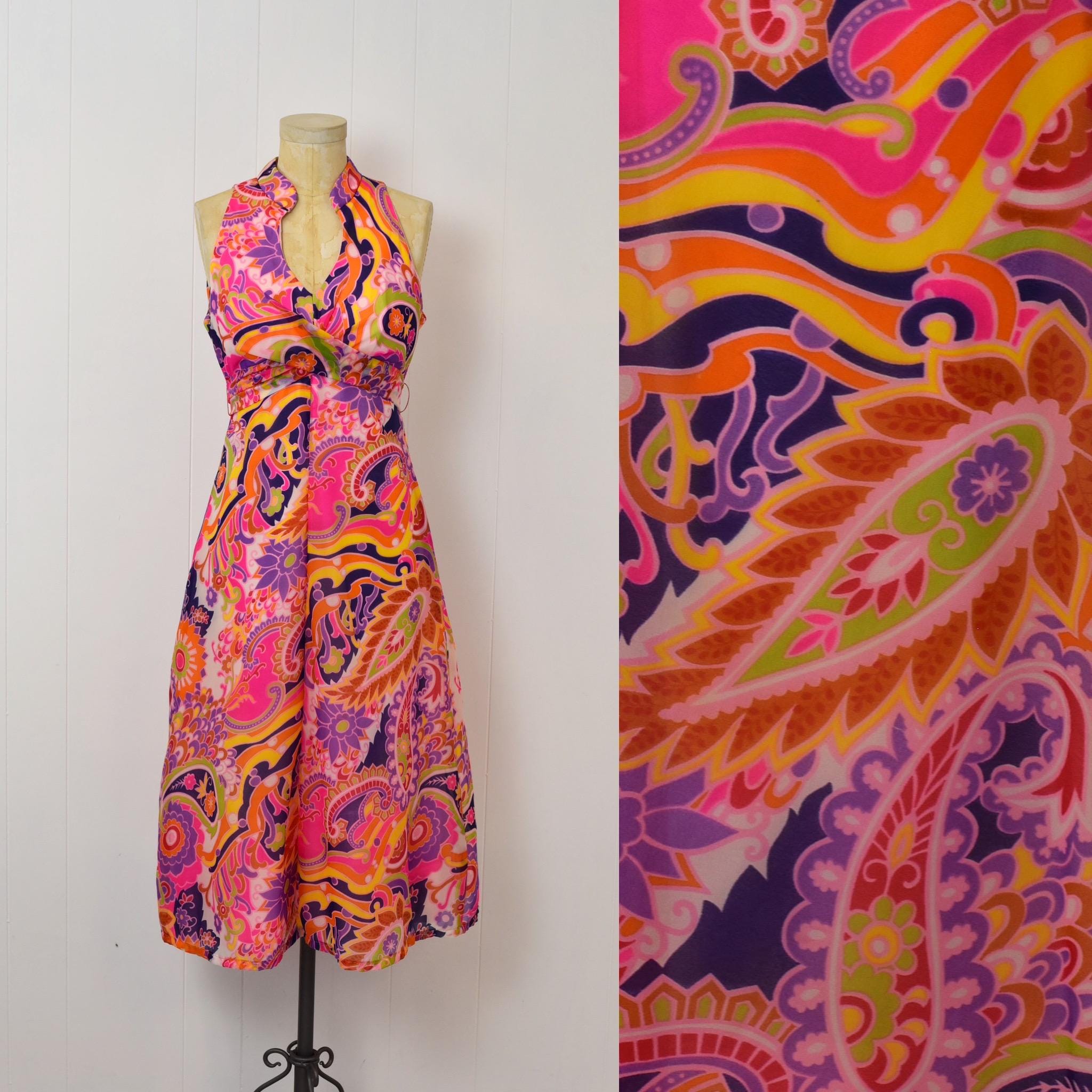 psychedelic colorful spiral print halter mini dress 1960s/1970s Pink Paisley Floral Keyhole Back Disco Party Ava Presley Dress 40076